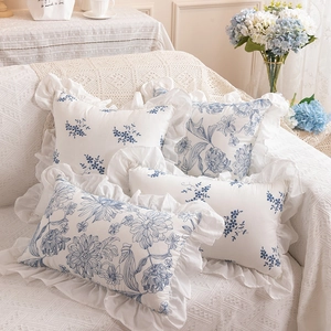 French country style cotton floral ruffle pillowcase set in blue and white colors