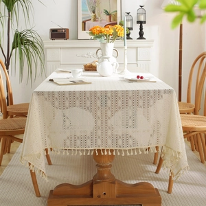 Beige hollow lace tablecloth with tassels for vintage wedding and dining table decor