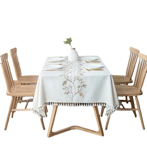 Rectangle cream cotton linen tablecloth with floral embroidery and white tassel fringe