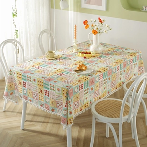 French Style Pastoral Cotton Printed Tablecloth Rectangular Table Cover With White Pom Pom Trim For Kitchen Home Dining Room