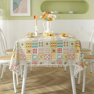 Floral cotton tablecloth with pom-pom edges and cute strawberry tulip prints