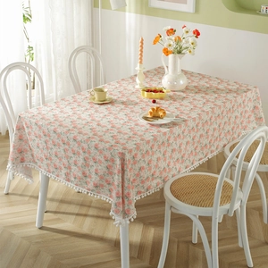French floral cotton tablecloth with white pom-pom fringe for rectangular dining tables