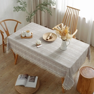 Nordic gray polyester tablecloth with geometric embroidery and white tassel fringe edges