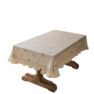 Rectangle apricot cotton tablecloth with floral embroidery and ruffle skirt edges