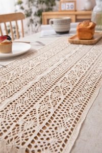 Macro detail of beige crochet lace table runner with hollow geometric floral patterns