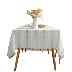 Nordic cream jacquard tablecloth with elegant tassels and vertical woven patterns
