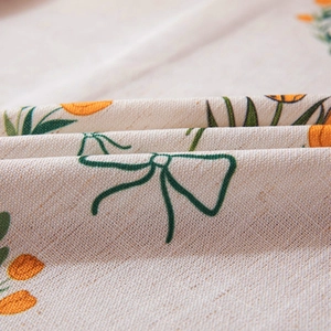Macro shot of linen-polyester fabric showing tulip print and woven fiber texture