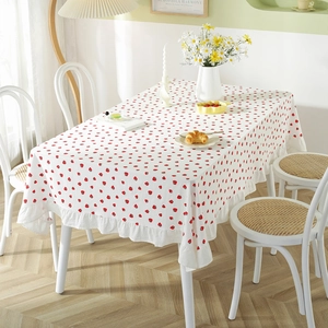 Fresh Cotton Strawberry Printed Tablecloth With Ruffled Edge White Pom Pom Fringe Table Cover For Home Picnic Dining Decor