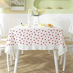 Pastel strawberry print cotton tablecloth with ruffle edge and floral decor