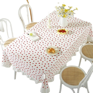White cotton tablecloth with strawberry print and ruffled edges for dining tables