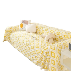 Thick plush yellow and white geometric diamond jacquard sofa cover throw blanket
