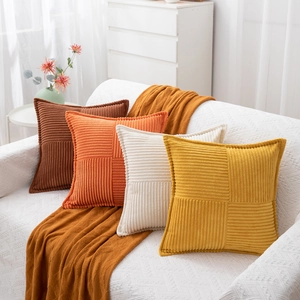 Corduroy striped patchwork cushion covers in brown, orange, cream and yellow for sofa