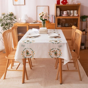 Modern rectangular linen tablecloth with tulip print and green leaves for home dining decor