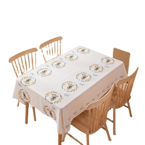 Rectangular linen-blend tablecloth with digital tulip print and blue bow patterns