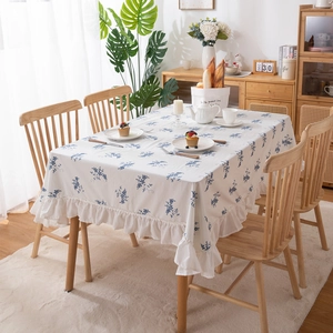French Style Cotton Tablecloth Waterproof Oil-proof Floral Embroidery Ruffled Edge Rectangular Dining Table Cover Decor