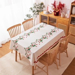Rectangular wedding tablecloth with red strawberry prints and green leaves pattern