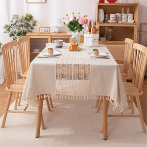 Linen rectangle tablecloth with hollow lace insert and elegant tassel edge decor