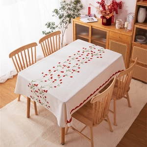 Red tulip and strawberry print wedding tablecloth with scalloped edge for dining decor