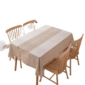 Linen table runner with crochet lace and tassels for rustic dining table decor