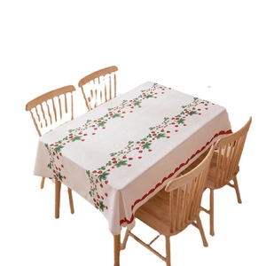 Rectangular floral tablecloth featuring strawberry print and elegant red scalloped edges