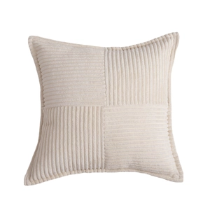 Square ivory corduroy cushion cover with minimalist striped patchwork design
