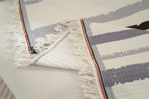 Detail of waffle weave texture with gray stripes and rainbow fringed tassels on sofa blanket