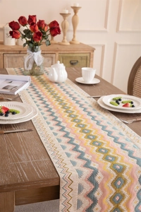 Detail of colorful jacquard wave pattern table runner with high-density woven fabric