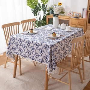 Rectangle polyester cotton tablecloth with blue leaf print and decorative fringe edges