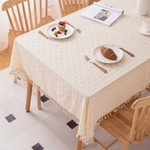 Pastoral style cream cotton rectangular tablecloth with floral embroidery and tassels