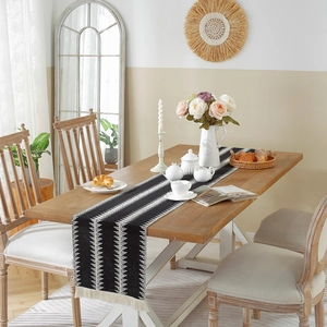 Modern black and white geometric cotton linen table runner with elegant fringe tassels