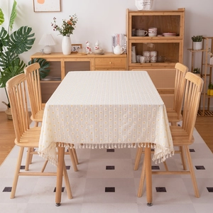 Pastoral cotton tablecloth with yellow daisy floral embroidery and white fringe tassels