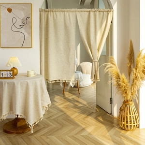 Japanese style polyester linen door curtain with tassels for home partition decor