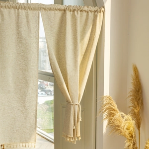Linen blend short curtain with tassels for kitchen in natural beige minimalist style