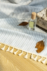 Close-up of blue striped cotton door curtain with elegant white tassel fringes