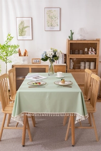 Detailed view of sage green PVC tablecloth with cream white tassels in a cozy home setting