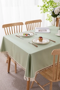 Detail of light green PVC tablecloth featuring white tassels on a rectangular dining table