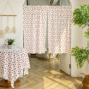 Japanese style cotton door curtain with strawberry print and white pom-pom trim decor