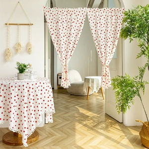 Japanese style cotton door curtain and round tablecloth with red strawberry print and pom-poms