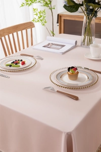 Close-up of light pink PVC tablecloth featuring delicate white lace tassels on the edge