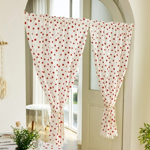 Cotton door curtain with red strawberry print and tassel edge for kitchen partition