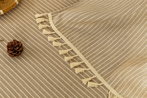 Detail of cotton striped door curtain featuring decorative cream-colored tassels and fabric texture