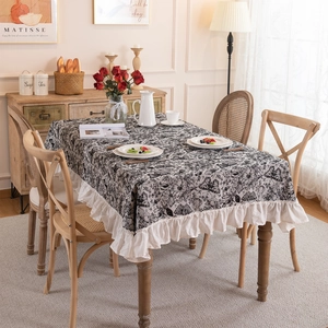 Vintage Yarn Dyed Polyester Cotton Butterfly Floral Jacquard Tablecloth With Ruffle Tassel Rectangular Dining Table Cover