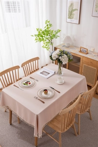 Detail of light pink waterproof PVC tablecloth featuring elegant white fringe tassels