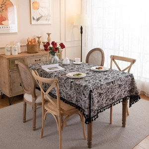 Vintage jacquard butterfly tablecloth with ruffled edges and black fringe tassels