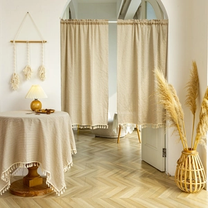 Nordic minimalist cotton linen door curtain with fringe tassels and beige stripes