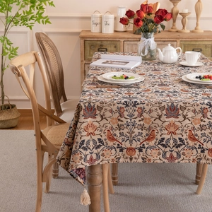 Vintage William Morris Style Tablecloth Thickened Polyester Cotton Yarn Dyed Jacquard Floral Bird Rectangular Table Cloth With Tassels
