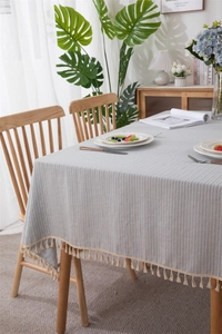 Detail of blue and beige striped cotton tablecloth with delicate fringe tassel edges
