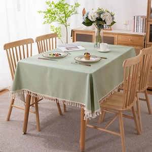Waterproof light green rectangular PVC tablecloth with elegant white fringe tassels
