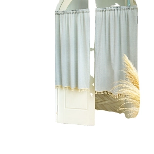 Blue and white striped cotton cafe curtain with cream tassel trim for window decor