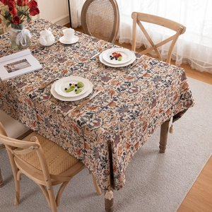 Vintage jacquard bird and flower tablecloth with elegant tassel edges for rectangular tables